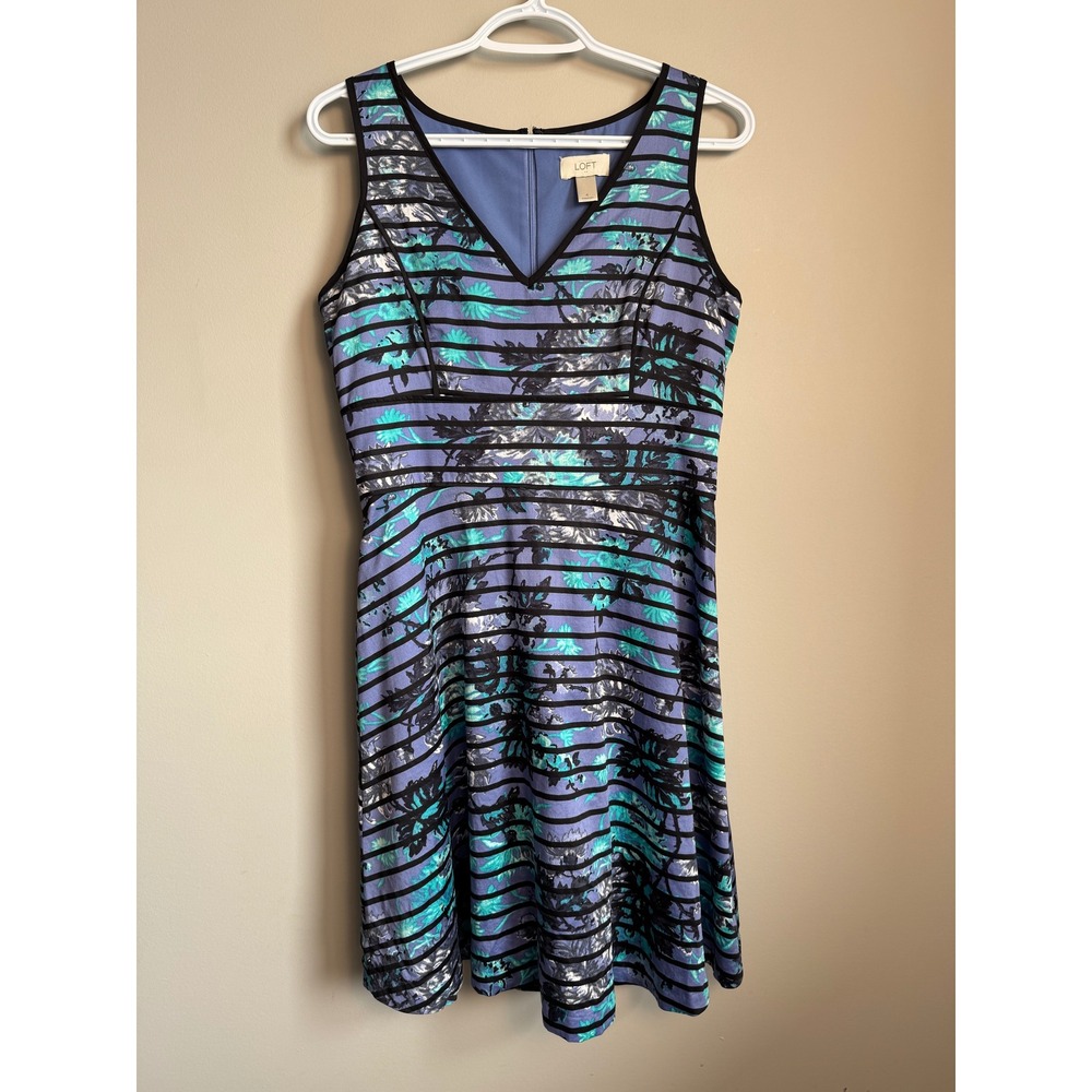 LOFT Purple Floral Striped Sleeveless V-Neck Fit & Flare‎ Dress Womens 4 Resort